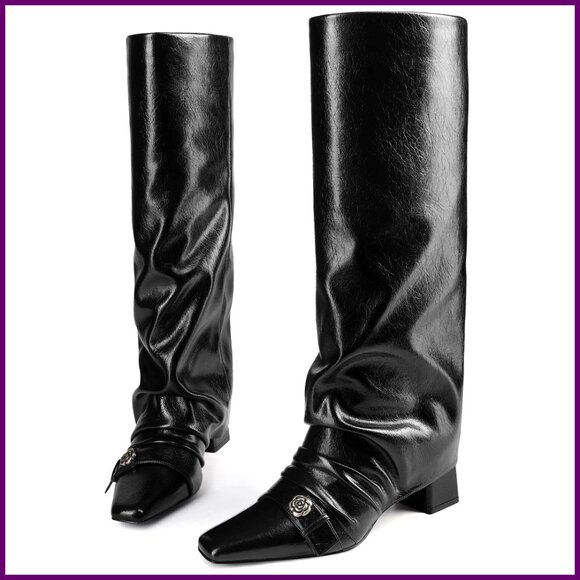 Knee High Boots Square Toe Chunky Heel Fold Over Slouchy Wide Calf Comfortable